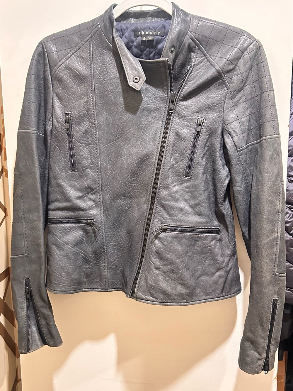 Theory Slate Gray Asymmetric Leather Moto Jacket